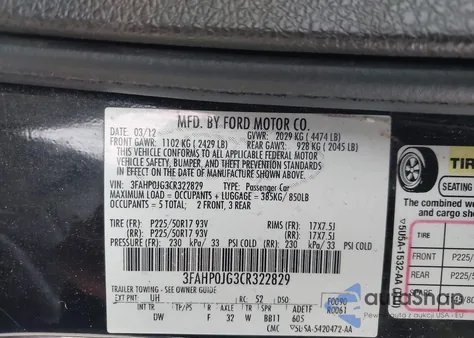 2012 Ford Fusion Sel from USA, damaged, VIN 3FAHP0JG3CR322829